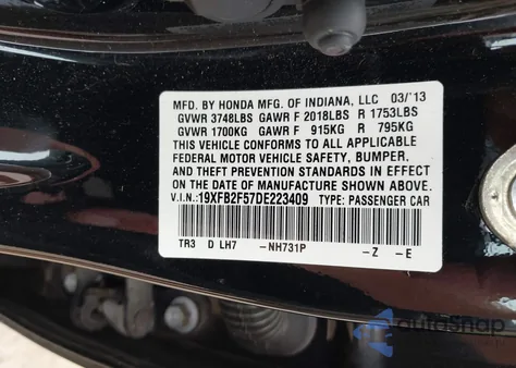 2013 Honda Civic Lx from USA, damaged, VIN 19XFB2F57DE223409